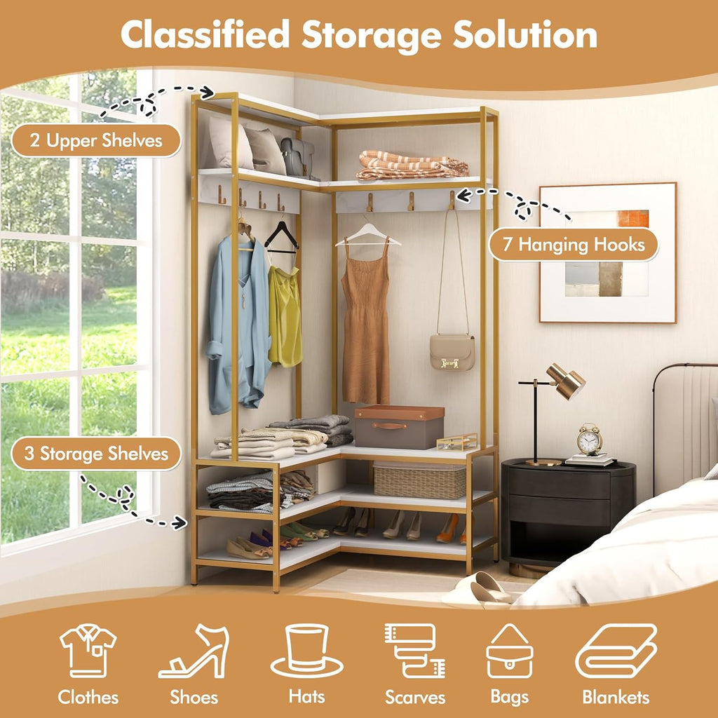 Tangkula Corner Hall Tree, 70 Inch Coat Rack with Bench and Shoe Storage, Entryway Furniture with 7 Hooks, Heavy Duty Metal Frame, Space Saving Clothes Rack Shoes Shelf Organizer (White)