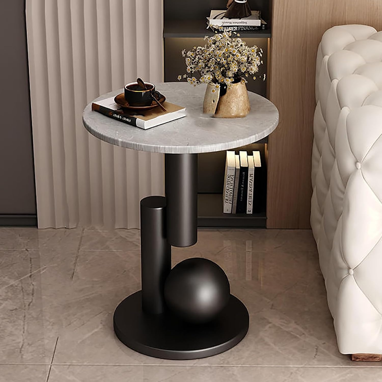 Round Side Table, Accent End Table, Sofa Side Table, Small Drink Table, Great for Living Room, Bedroom, Indoor & Outdoor (Color : Gray+Black, Size : 45x55cm)
