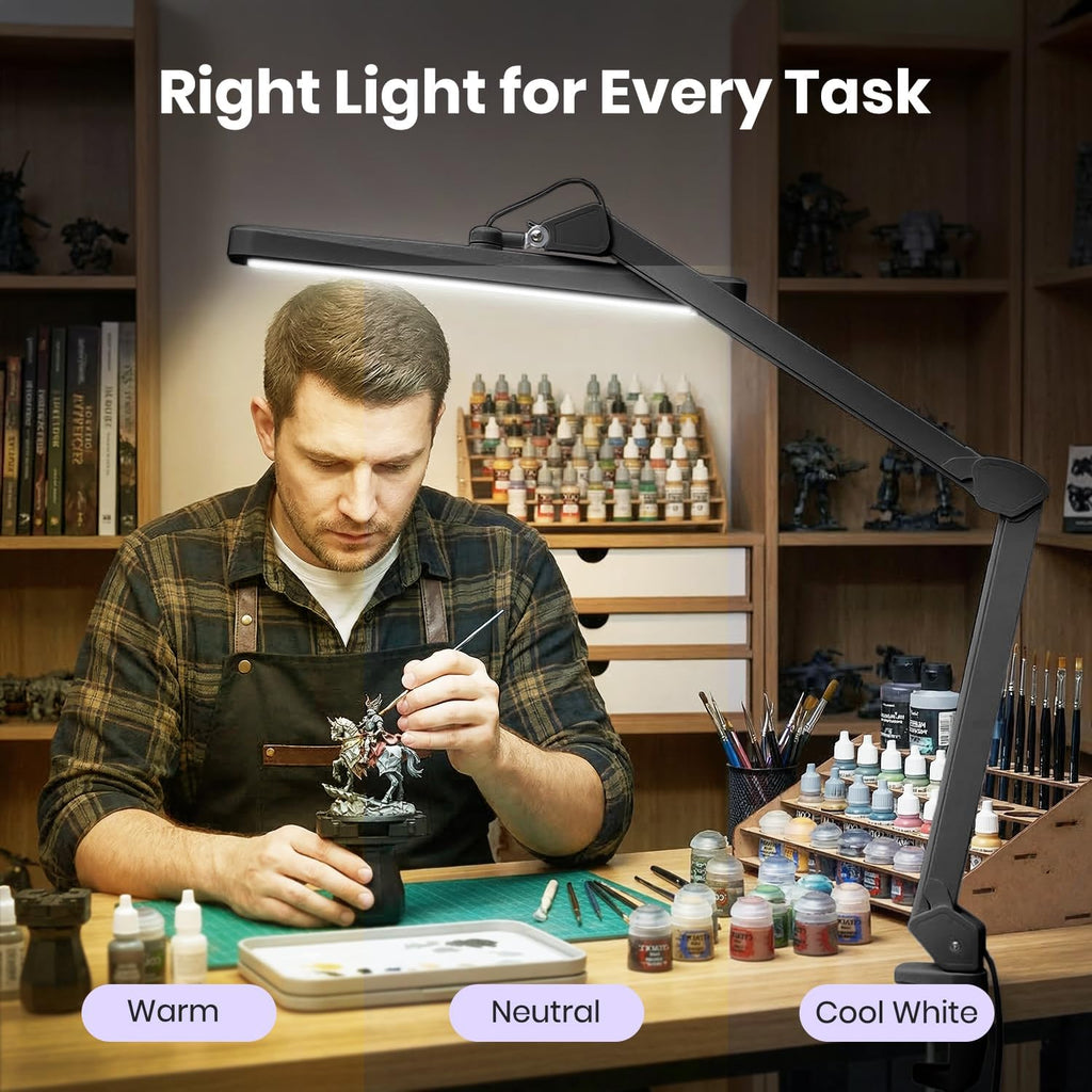 Neatfi XL 2,500 Lumens 30W LED Task Lamp with Clamp | 324 SMD LEDs | CCT | 5 Light Modes | 3000K–6000K | Dimmable | Adjustable Arm with Clamp | Desk Light for Home (Black, 22-Inch Wide Shade)