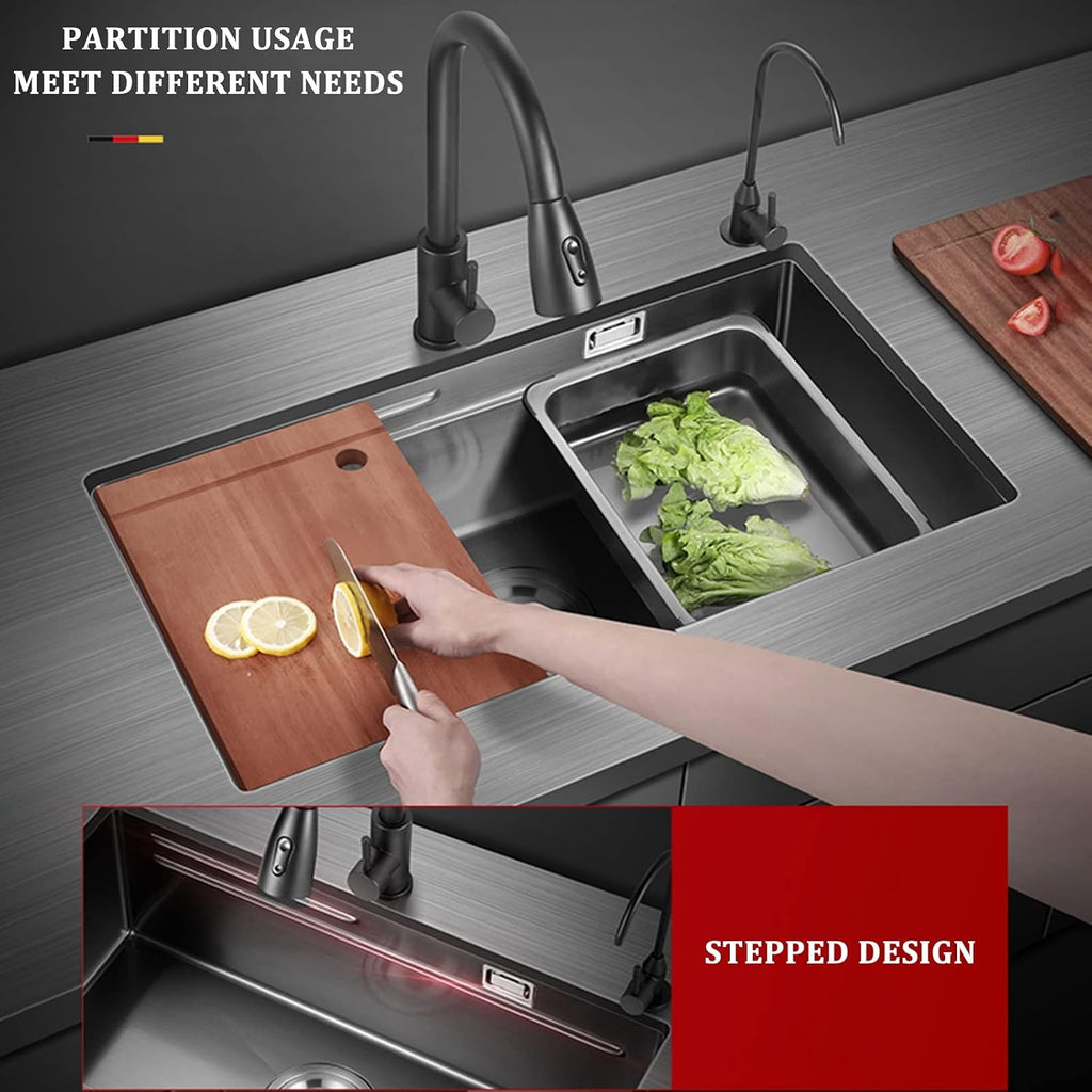 304 Stainless Steel Kitchen Sink Multi-functional Ladder Type Bar Sink Under Mount RV Sink Single Bowl Sink with Pull-Out Faucet and Drainage Components (Color : Black, Size : 75x41x21cm) (Black 7