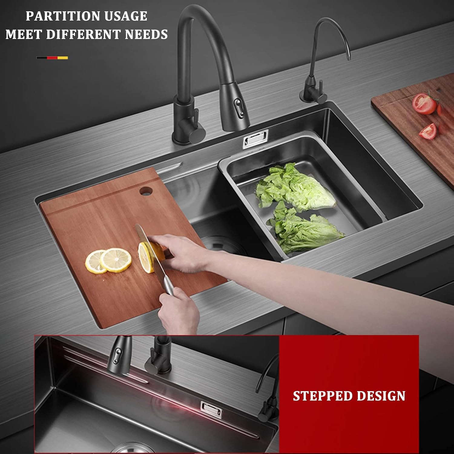 304 Stainless Steel Kitchen Sink Multi-functional Ladder Type Bar Sink Under Mount RV Sink Single Bowl Sink with Pull-Out Faucet and Drainage Components (Color : Black, Size : 75x41x21cm) (Black 7