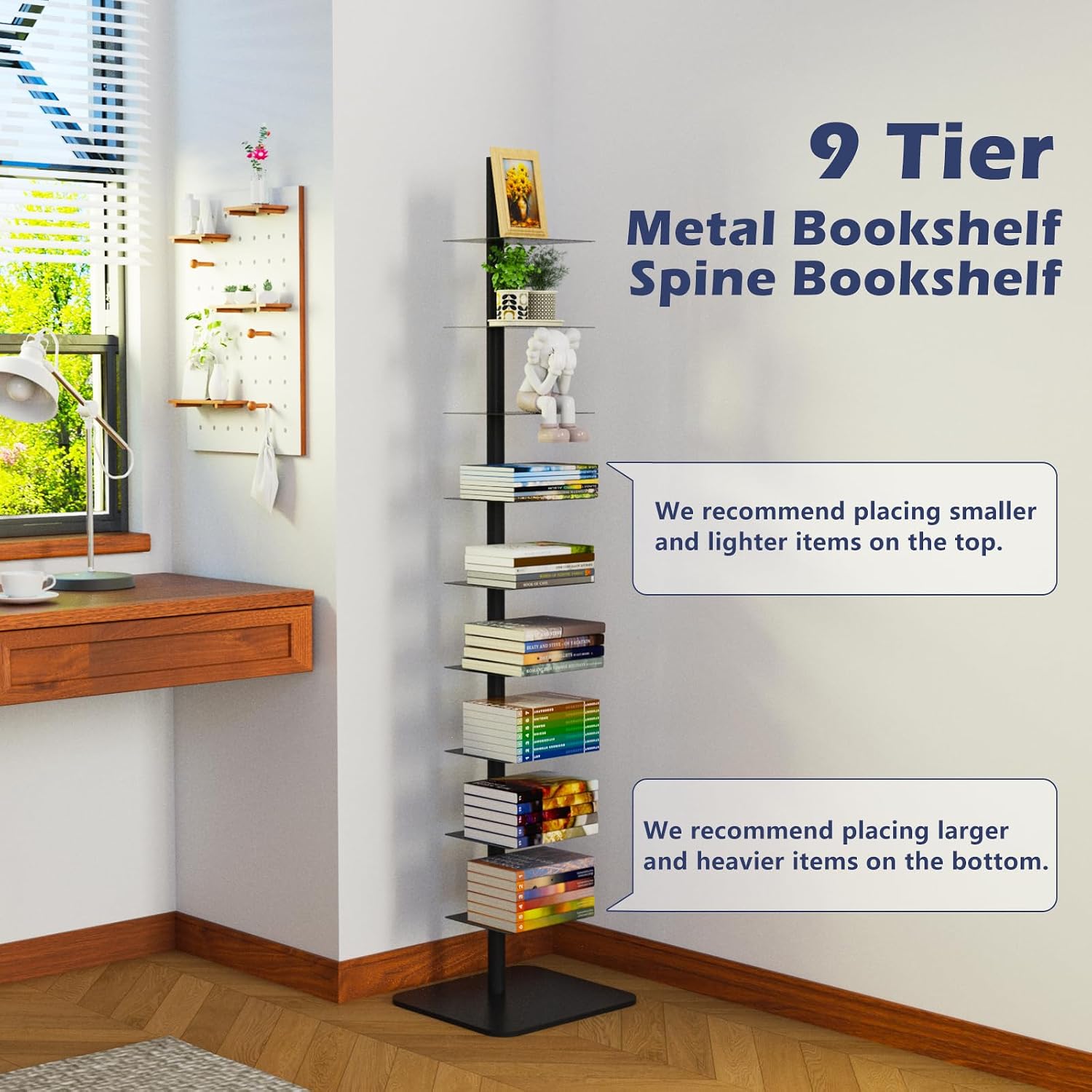Choowin 9-Shelf Metal Spine Bookshelf Vertical Bookshelf, Adjustable Modern Floating Narrow Tree Book Shelf Book Tower, Display Shelf for Bedroom Living Room Office, 70 inch Tall, Black