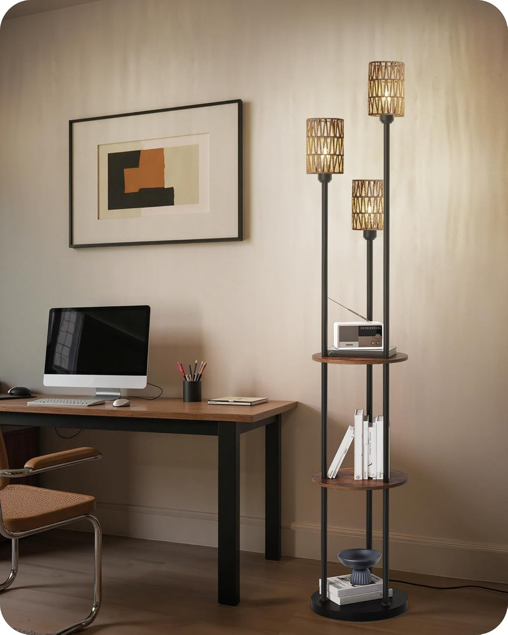 Floor Lamp with Shelves, Boho Floor Lamp with Foot Switch, 3-Light Standing Lamp, for Living Room, Bedroom, Study, Rustic Brown and Yellow YF53LD05