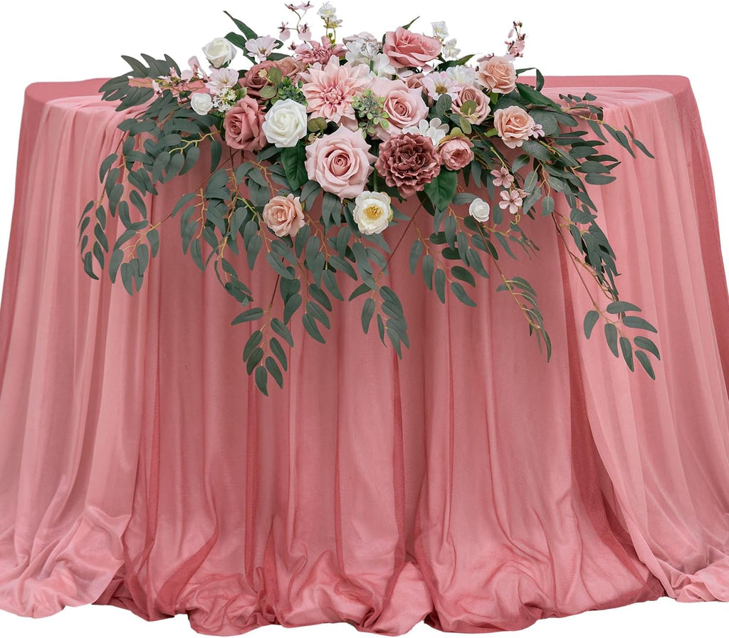 TINGE TIME Artificial Sweetheart Flower Swag with Tablecloth and Table Runner, Pack of 3 Floral Arrangement for Wedding Sweetheart Table Centerpiece Decoration Valentine's Day (DustyRose&Cream)