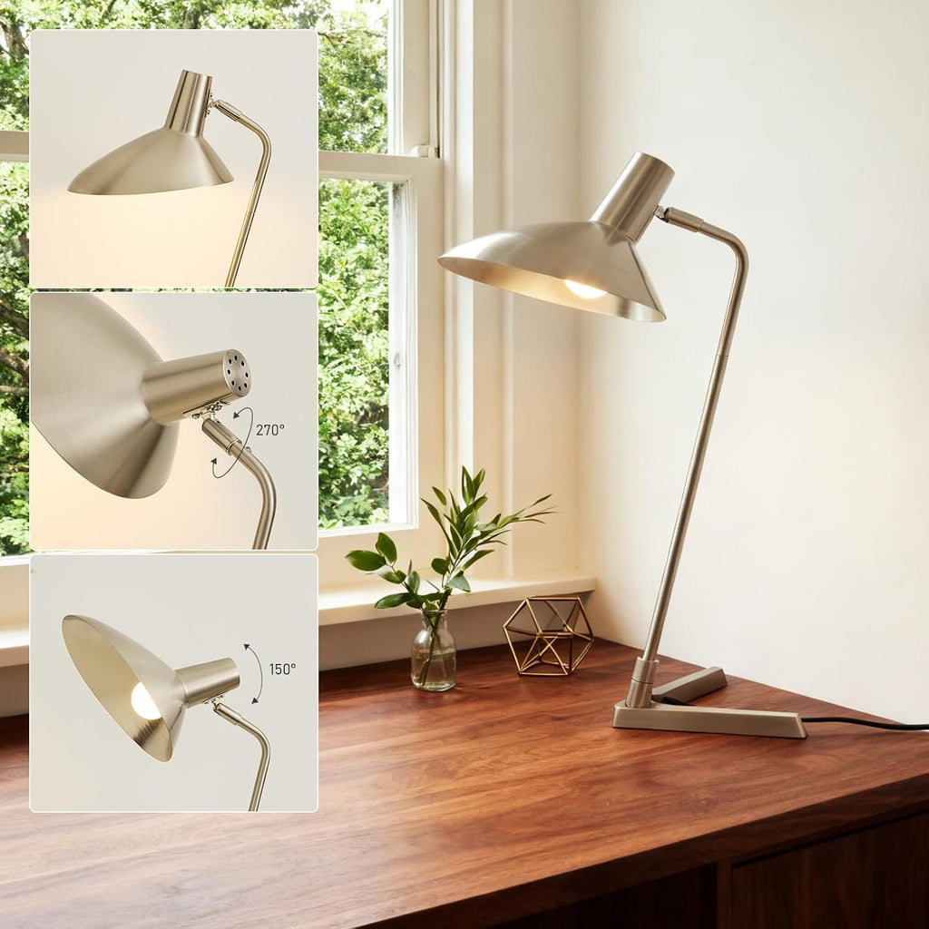 Industrial Desk Lamp Metal Modern Table Lamp 22', Adjustable Neck (4000K) with Adjustable Switch, Ideal for Office Desk Bedroom Bedside Lamps Study Room Living Room Side Table (Nickel)