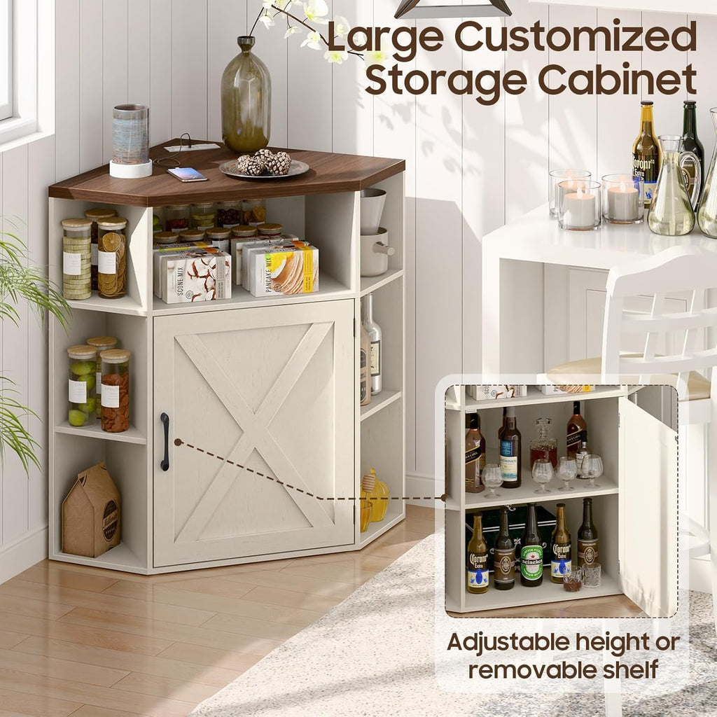 Halitaa Corner Storage Cabinet, 6-Cubby Wooden Cabinet with USB Ports and Outlets, Farmhouse Corner Bookshelf with Storage Industrial Organizer for Study, Playroom, Living Room, White and Brown