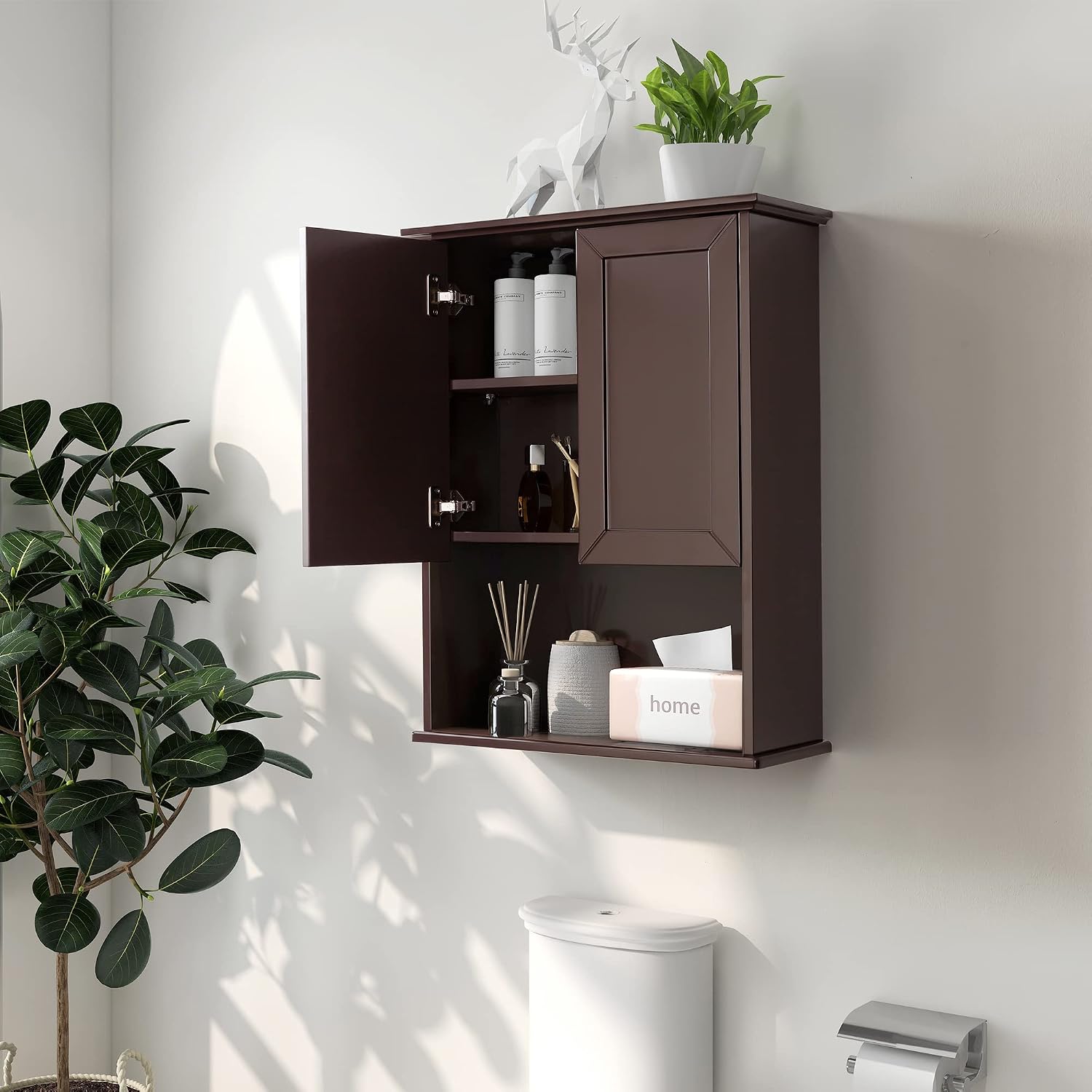 Dark Brown Bathroom Wall Cabinet Mounted Wooden Medicine Cabinets Espresso Over Toilet Storage Cabinet, 23x29 Inch Hanging Bathroom Wall Cabinet with 2 Doors & Adjustable Shelf, Soft Hinge