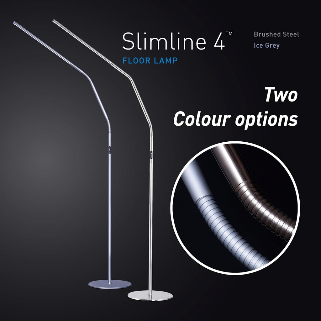 Daylight Slimline 4™ LED Floor Lamp in Brushed Steel - 6,000K, 3,200 Lux, 4 Brightness Levels, USB-C Charging Port, Anti-Glare Diffuser, Flexible Design, Art & Craft, Sewing, Nail Salon