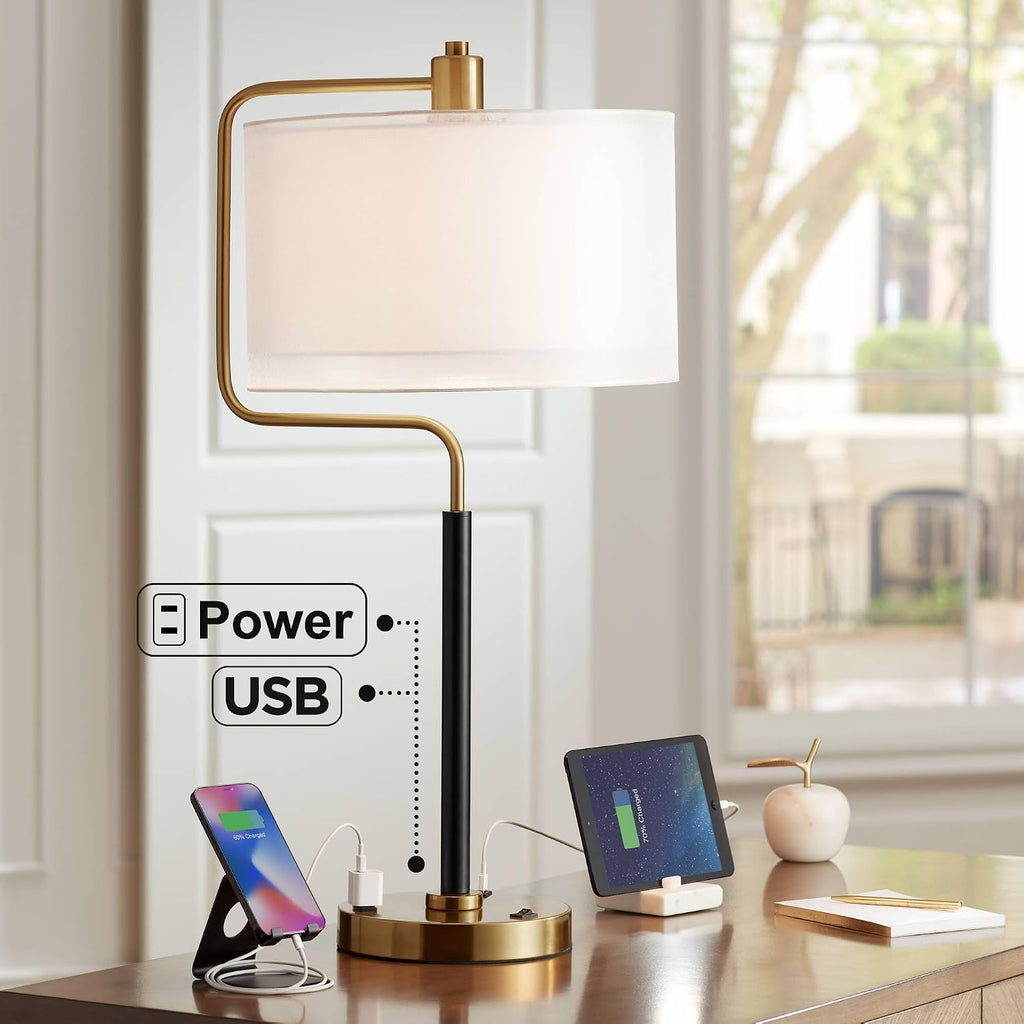 Possini Euro Design Carlyle 30.5' Tall Desk Lamp with USB Charging Ports and Outlet Mid Century Modern Warm Gold Double Drum Shades - Living Room Bedroom House Bedside Nightstand Home Office Family
