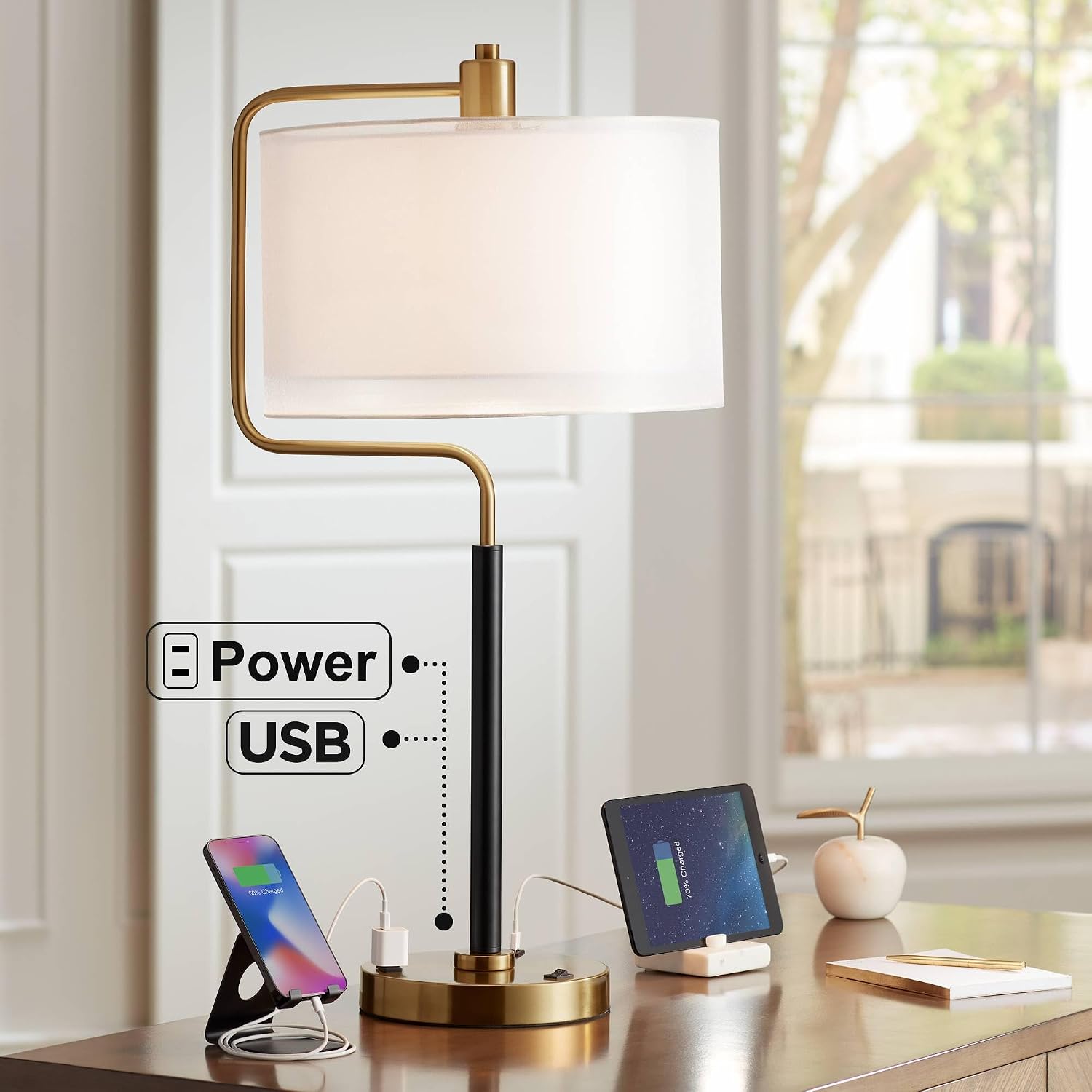 Possini Euro Design Carlyle 30.5' Tall Desk Lamp with USB Charging Ports and Outlet Mid Century Modern Warm Gold Double Drum Shades - Living Room Bedroom House Bedside Nightstand Home Office Family