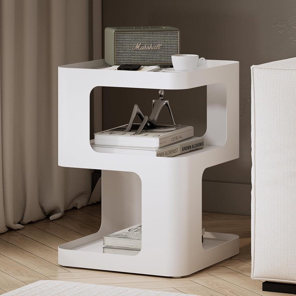 Modern Side Table for Sofa & Couch,White Metal Bedside Table,3 Tier end Tables with Storage for Living Room & Bedroom,Compact Nightstand for Small Spaces,No Assembly Required