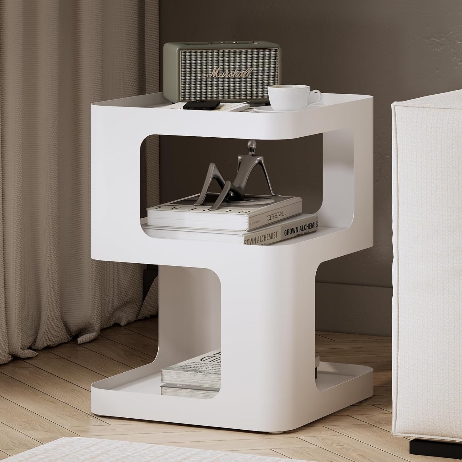 Modern Side Table for Sofa & Couch,White Metal Bedside Table,3 Tier end Tables with Storage for Living Room & Bedroom,Compact Nightstand for Small Spaces,No Assembly Required