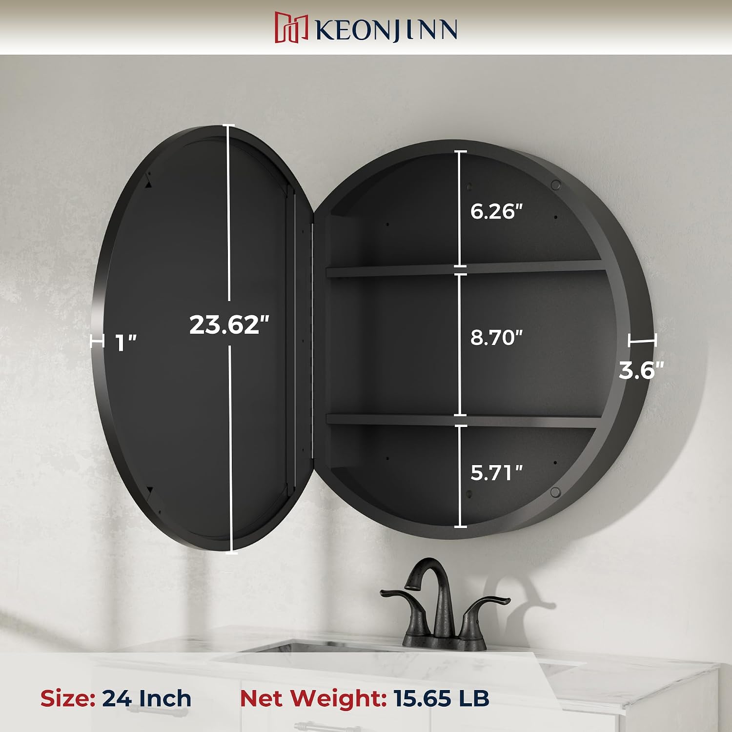 Keonjinn 24 x 24 In Round Medicine Cabinets for Bathroom, Black Mirror Surface Mount Medicine Cabinet, Circle Black Medicine Cabinet with Mirror, Adjustable Shelves Framed Bathroom Mirror with Storage