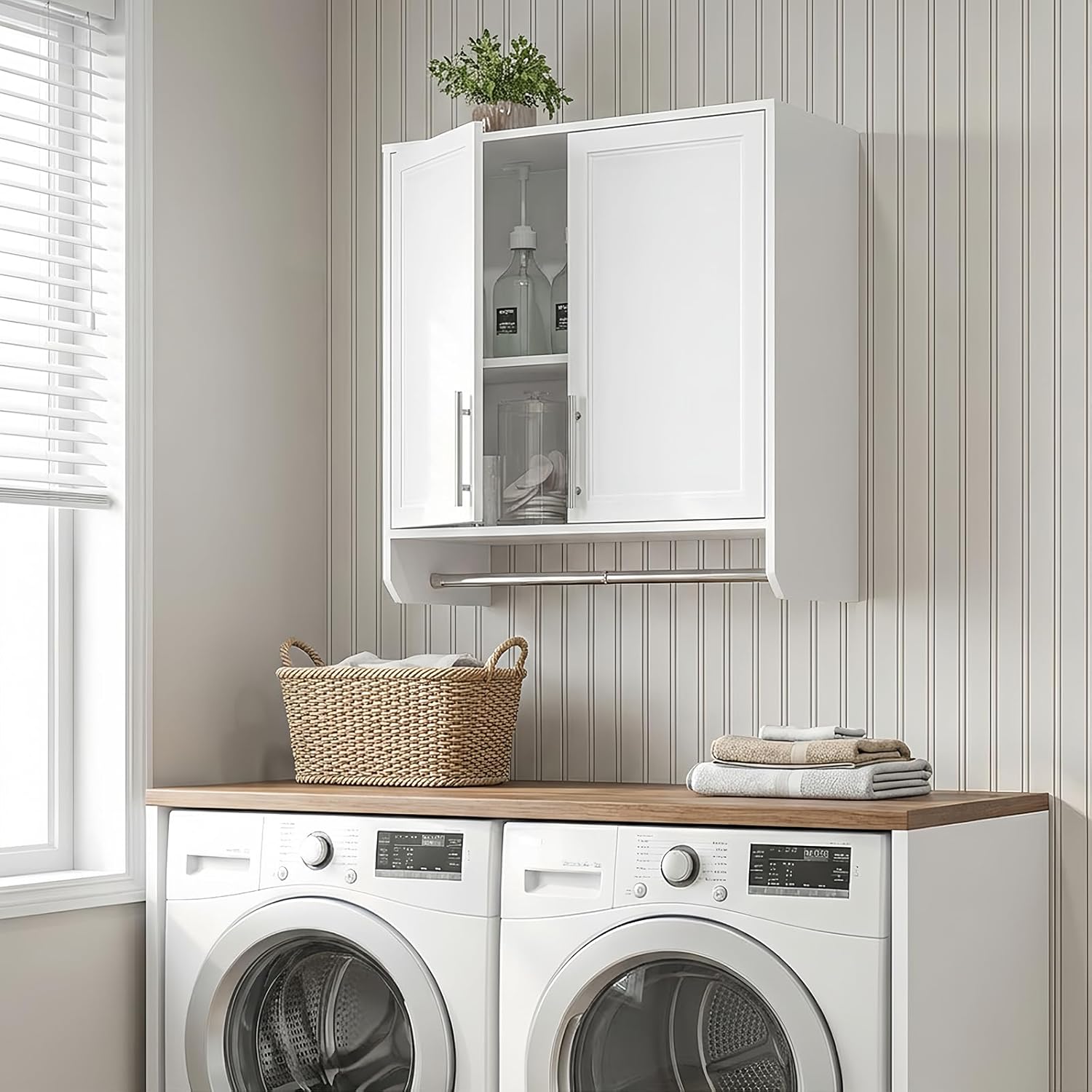 29.5'' Wall Cabinet with Towel Bar, Laundry Room Cabinets Wall Mounted, Bathroom Wall Cabinet, Adjustable Shelf, Shaker Door, White