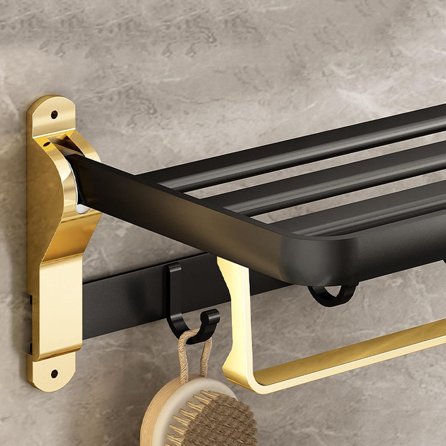 TOMYEUS Shower Caddy Bathroom Shelf Foldable Towel Bar Holder，Floating Shelves Wall Mounted，Bathroom Shelf Wall Mounted with Towel Hooks（Black Gold） Shower Organizer