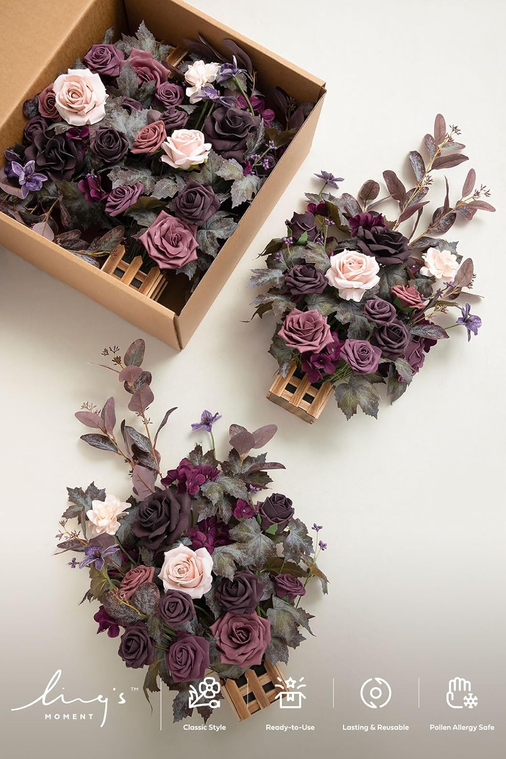 Ling's moment 17.5' Tall Standing Artificial Flowers Arrangements 4 pcs Fall Wedding Aisle Runner Chair Decorations Deep Plum Centerpieces for Ceremony Reception Rose Floral Party Outdoor