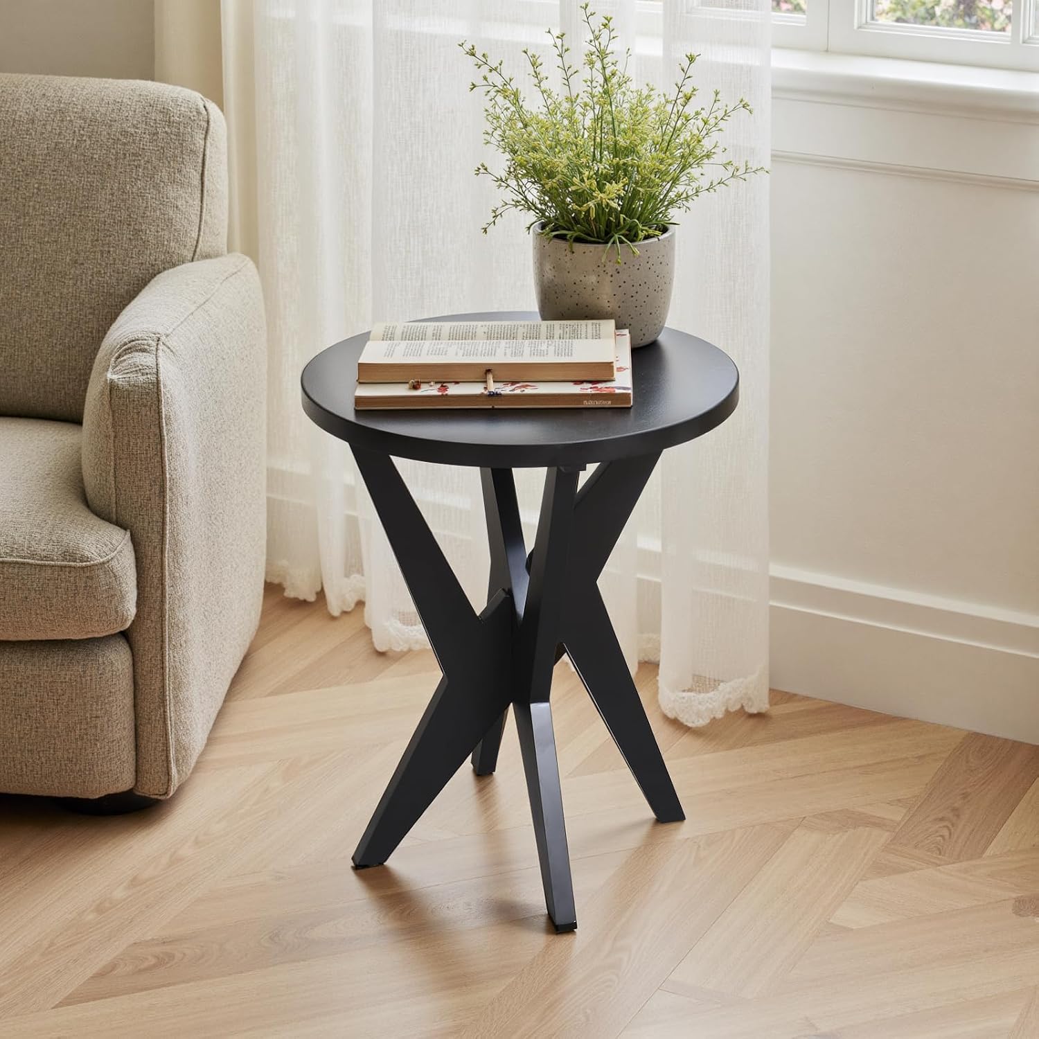 Ahokua Modern Black Round End Table Set of 2, Mid-Century Accent Side Table with MDF Top and Crossed Legs for Living Room, Bedroom, Small Spaces, Industrial & Minimalist Style