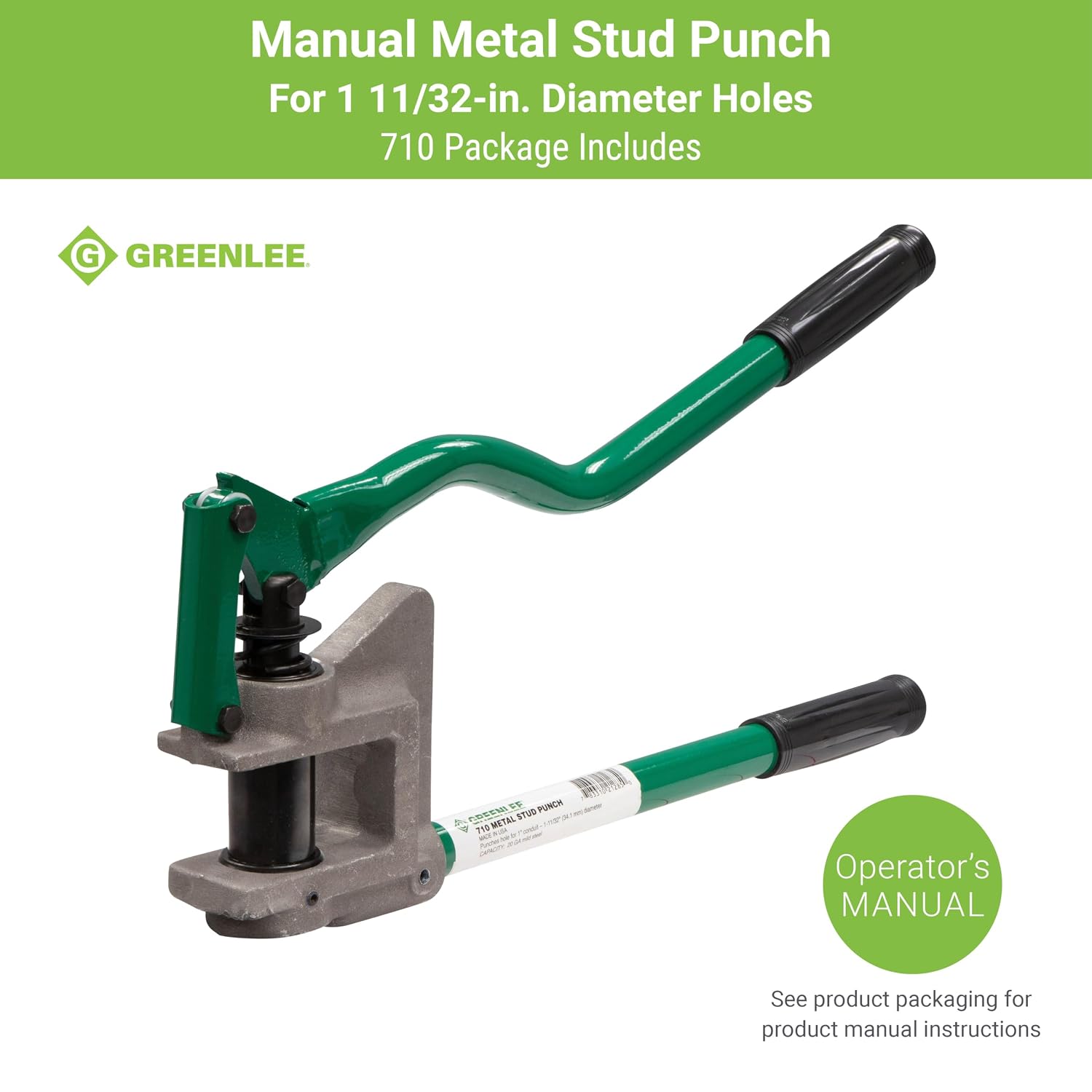 Greenlee 710 1-11/32' Manual Metal Stud Punch Tool with Aluminum Head and Contoured Handle, 1-11/32' Diameter Self-Stripping Stud Puncher