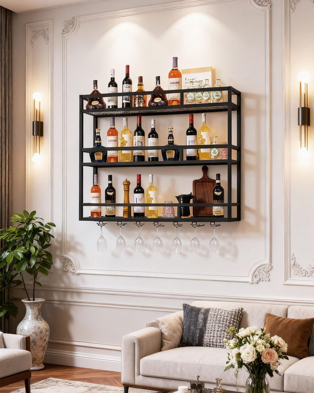 39' Wall Mounted Wine Rack with Bottle Glass Holder, 3-Tiers Metal Bar Shelves for Liquor Bottles with LED Light, Wall Wine Rack for Home, Restaurant, Commercial Bar, Kitchen Storage Display