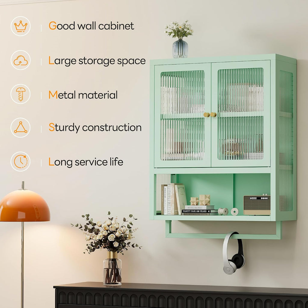 Bathroom Wall Cabinet with 2 Glass Door, Bathroom Medicine Cabinet with Towels Bar and Shelves, Over The Toilet Storage Cabinet, Metal Wall Mounted Cabinet for Laundry Room Kitchen (Green)