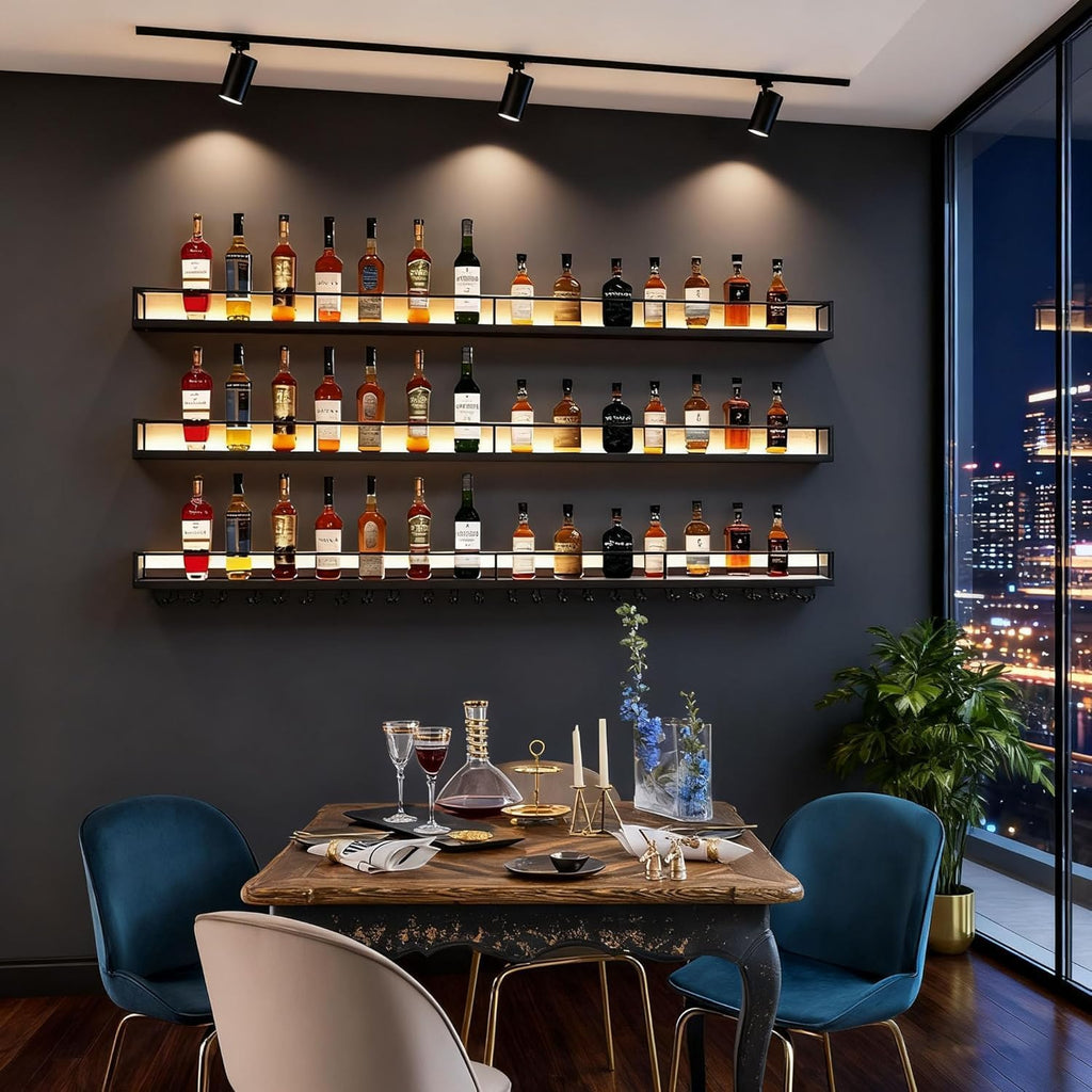 Metal Wall Mounted Wine Rack with LED Light, 3 Tiers Liquor Bottles Floating Shelves with Glass Holder, Wine Shelf Industrial Bar Shelves for Home Bar Dining(Gold, 100cm/39.3in)
