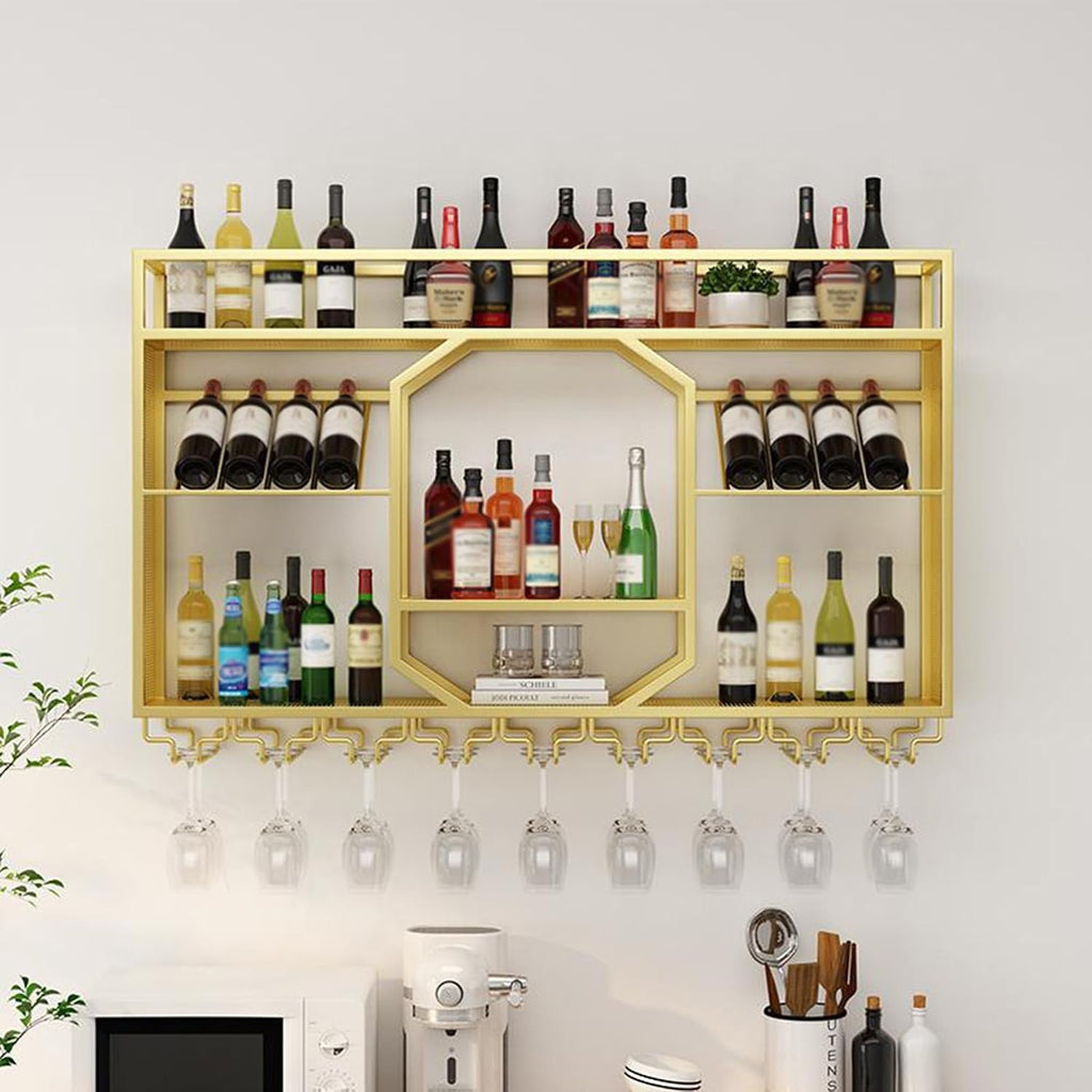 Wall Mounted Wine Rack Floating Bar Shelves Liquor Shelf with Hanging Wine Glass Holder for Liquor Bottles Whiskey Display Shelf for Home Bar Dining Room Kitchen(Gold,120cm/47.2in)
