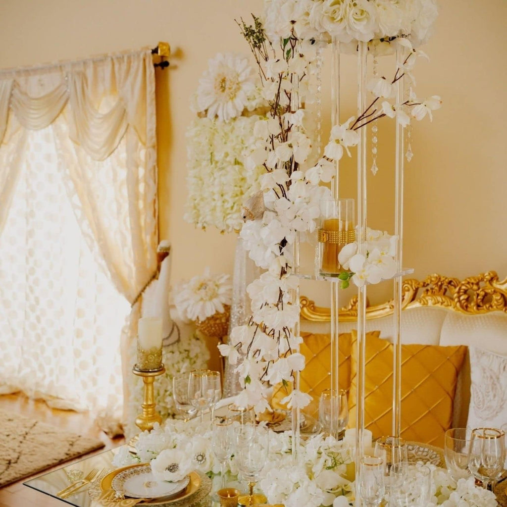10 Pcs Acrylic Clear Vases for Wedding Centerpieces, 15.75' Tall Flower Stand, Engagement Home Party Table Decor Centerpiece Vases, Rectangular Acrylic Flower Stand with 50 Pcs Gold Napkin Rings