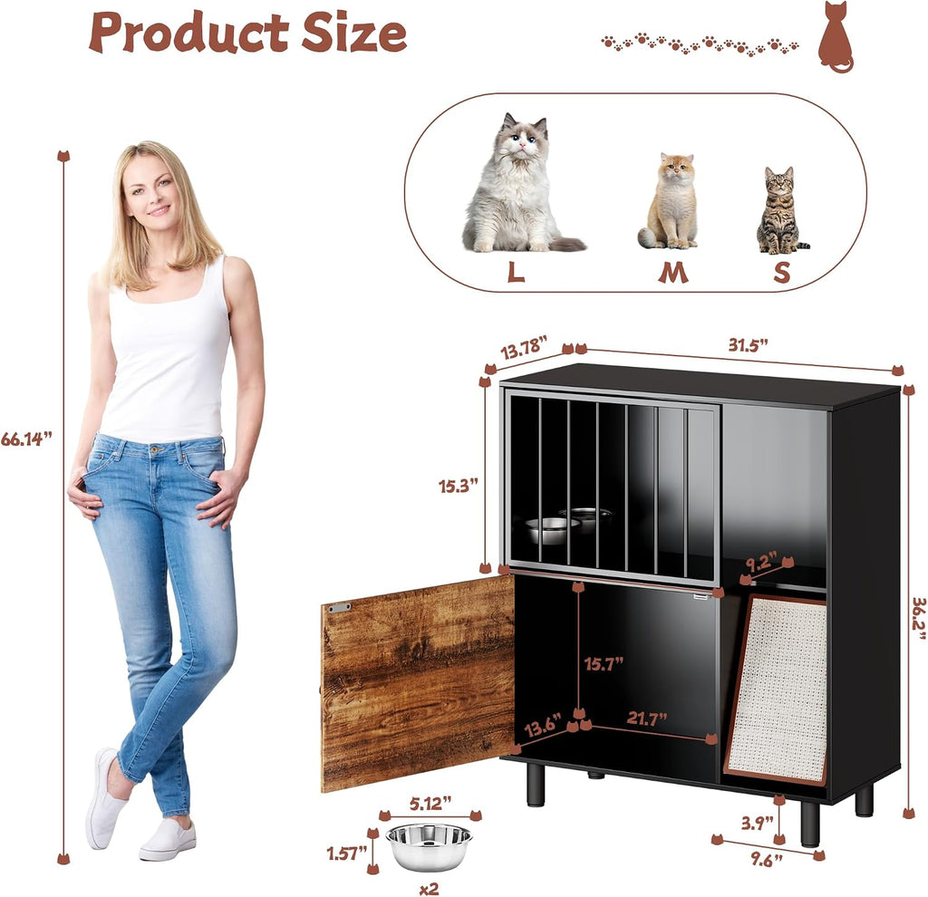 Dog Proof Cat Feeding Station, Cat Feeding Station Furniture with Storage and Cats Scratching Board, 2 Raised Pet Food and Water Bowl for Indoor Cats, Large Pet Cabinet