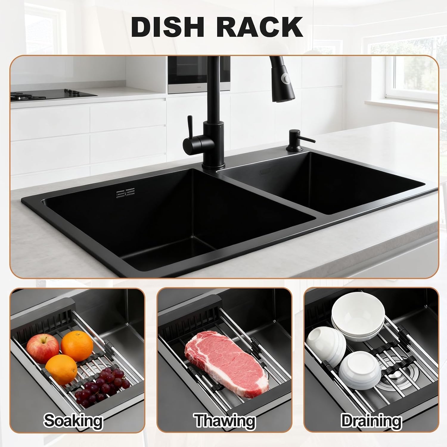 Black Kitchen Sink, Stainless Steel Single Bowl Sink, Drop in/Topmount Workstation Sink with Sliding Accessories, Farmhouse Workstation Sink with Accessories 68x45cm