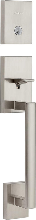 Kwikset San Clemente Front Door Lock Handle and Deadbolt Set, Entry Handleset Exterior Only, Satin Nickel, Pick Resistant SmartKey Rekey Deadbolt Security, Interior Sold Separately