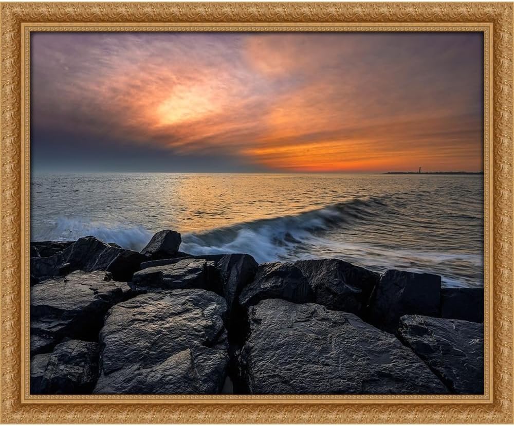 ArtDirect New Jersey-Cape May National Seashore Sunset on ocean and rocks 34x28 XL Gold Ornate Wood Framed Canvas Giclee Art by Jaynes Gallery
