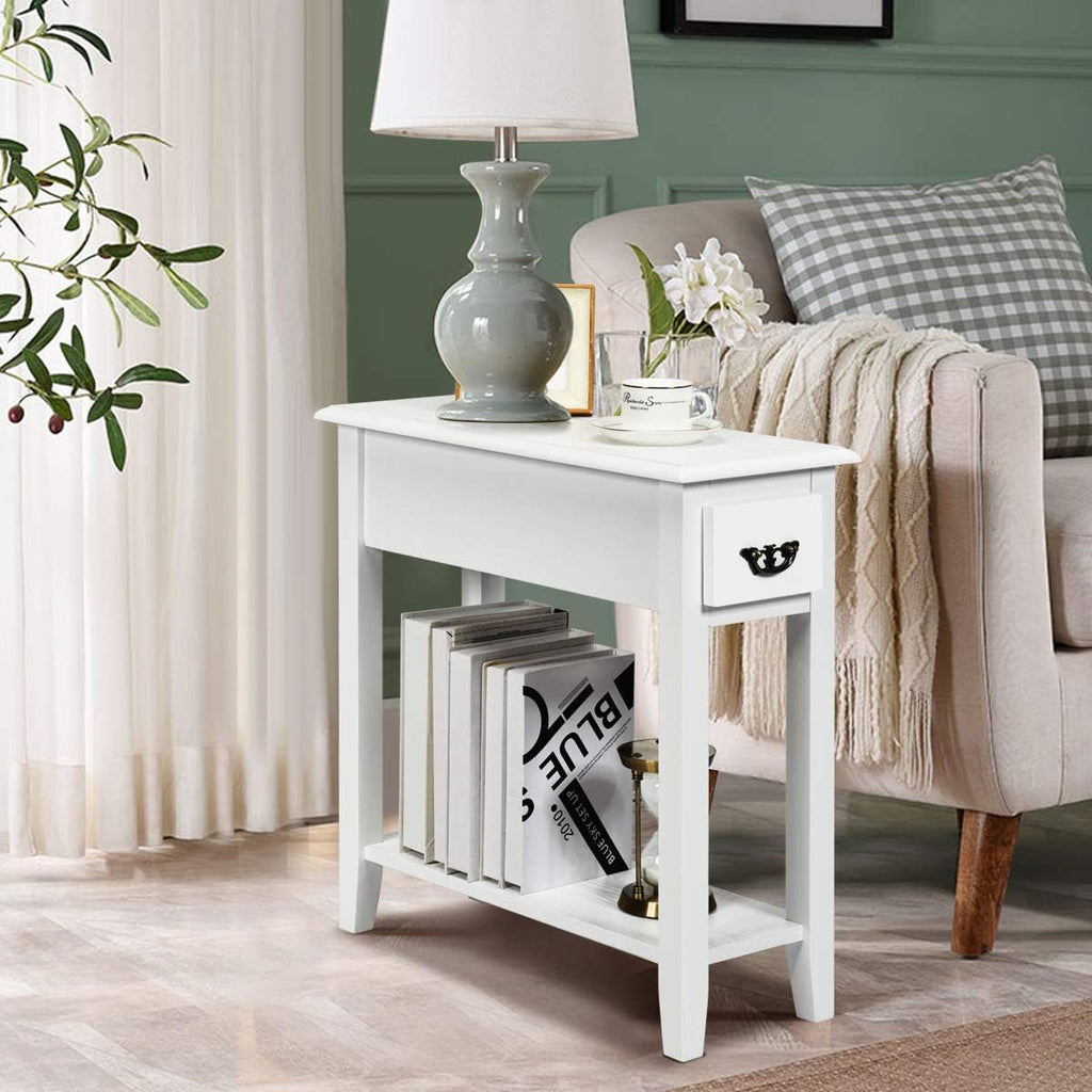Tangkula Narrow End Table, Wood Small Side Table with Drawer & Open Shelf, Slim Nightstand for Small Spaces, Skinny Bedside Table for Living Room Bedroom, 9.8 x 23.6 x 23.6 Inches