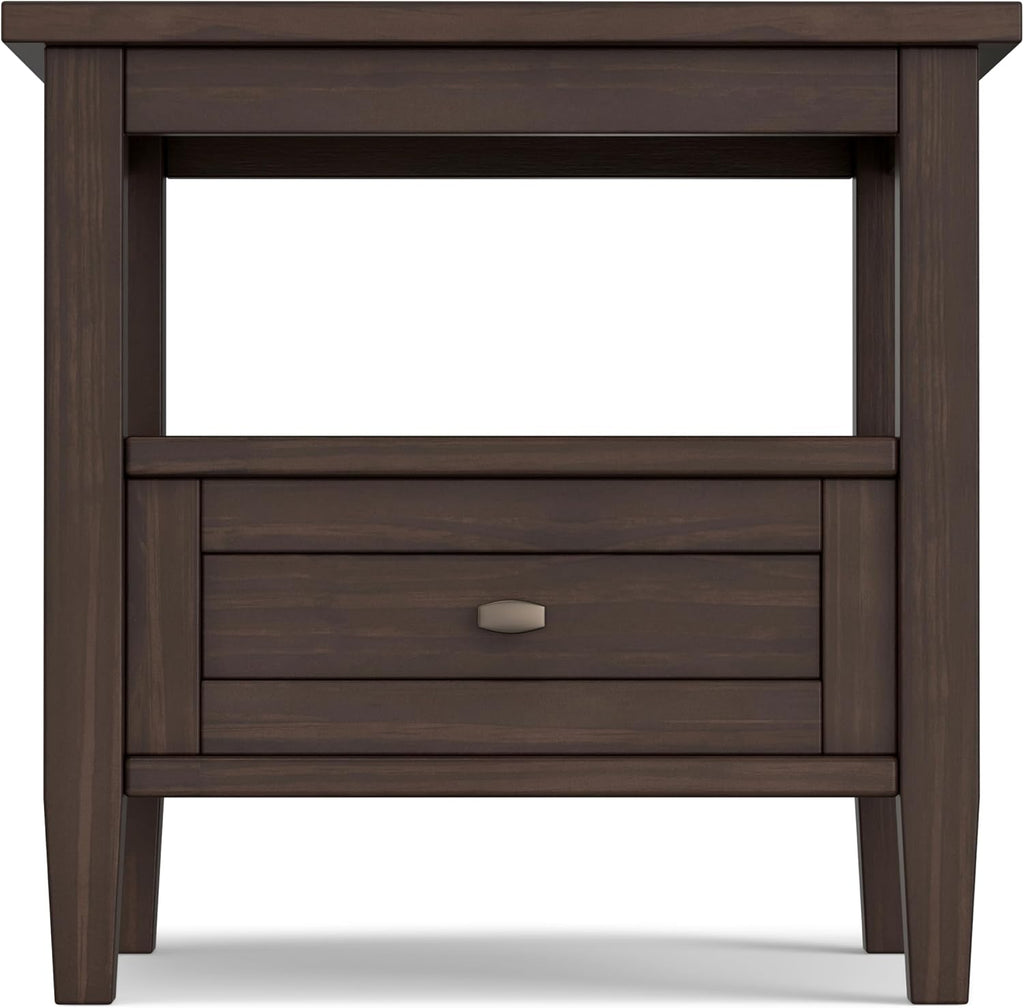 SIMPLIHOME Warm Shaker End Table - 20' Wide x 20' High Solid Wood Side Table in Warm Walnut Brown, Transitional Accent Table for Living Room or Bedroom with Drawer, Open Shelf and Square Tapered Legs