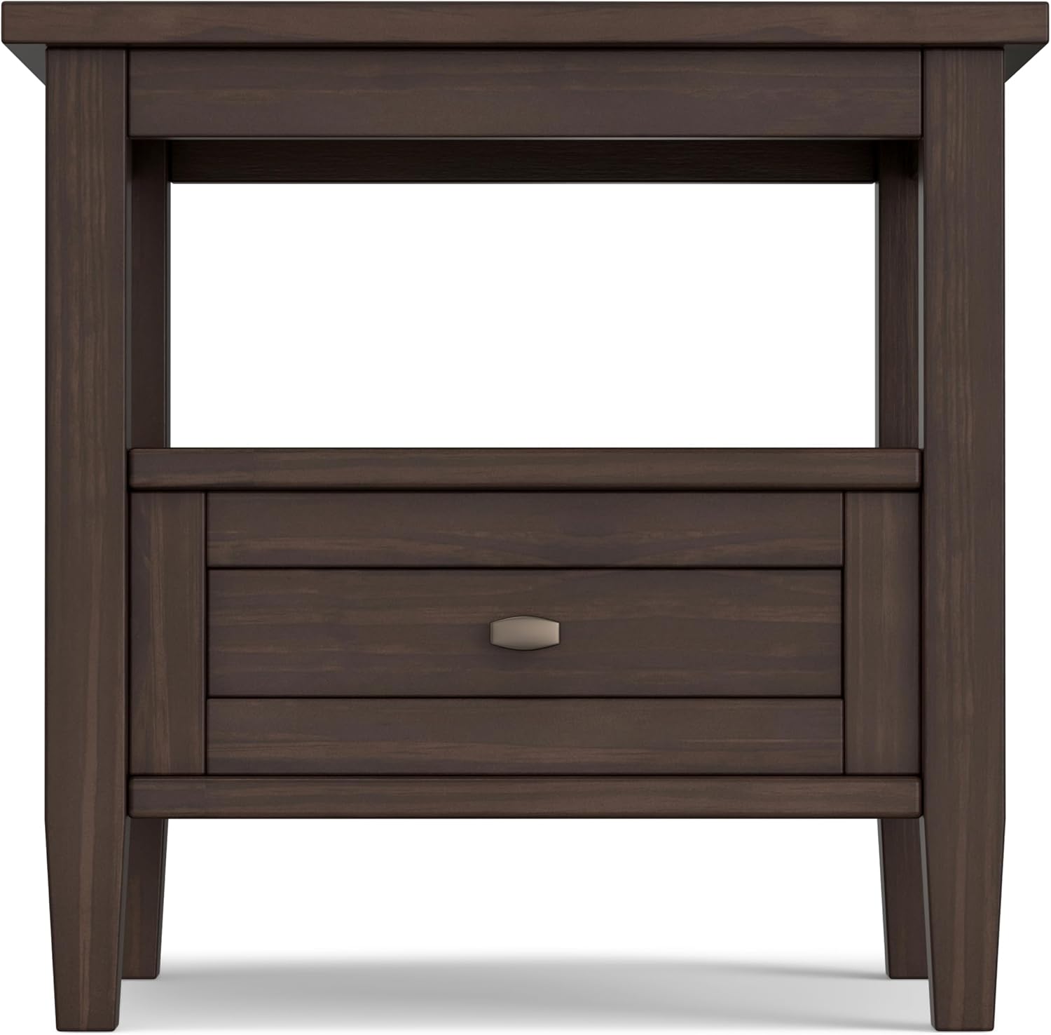 SIMPLIHOME Warm Shaker End Table - 20' Wide x 20' High Solid Wood Side Table in Warm Walnut Brown, Transitional Accent Table for Living Room or Bedroom with Drawer, Open Shelf and Square Tapered Legs