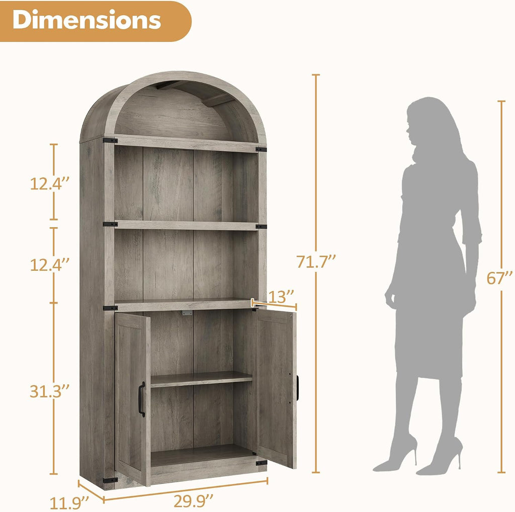 GarveeHome Bookcase with Doors Arched Bookshelf 71.65 in Tall Bookcase Farmhouse Cabinet with Shelves Wooden Bookshelves for Home Office, Living Room (Grey)