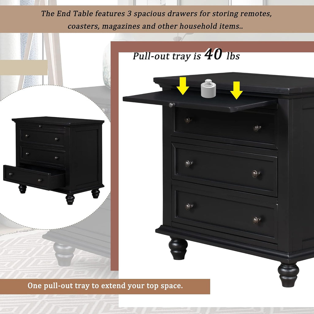 Modern Storage Wood Cabinet with 3-Drawer, Sofa Table Console Table End Table with Pull Out Tray, Accent Table Furniture for Entryway Living Room,Fully Assembly Bedside Table (Black)