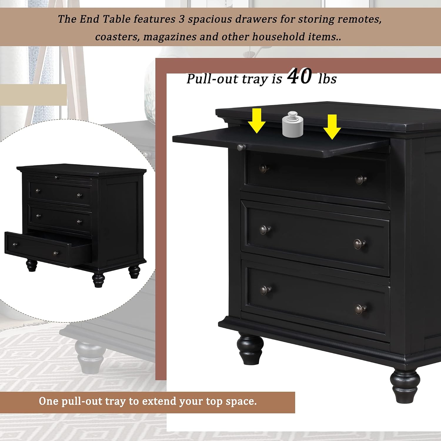 Modern Storage Wood Cabinet with 3-Drawer, Sofa Table Console Table End Table with Pull Out Tray, Accent Table Furniture for Entryway Living Room,Fully Assembly Bedside Table (Black)