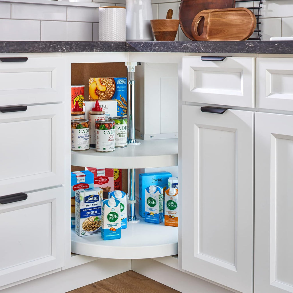 Rev-A-Shelf 2 Tier Pie-Cut Lazy Susan for Corner Base Cabinets, Plastic, 28' Double Shelf Swivel Kitchen Spice and Can Organizer, 28' W x 18.25' D x 26' H, White, 6942-28-11-52