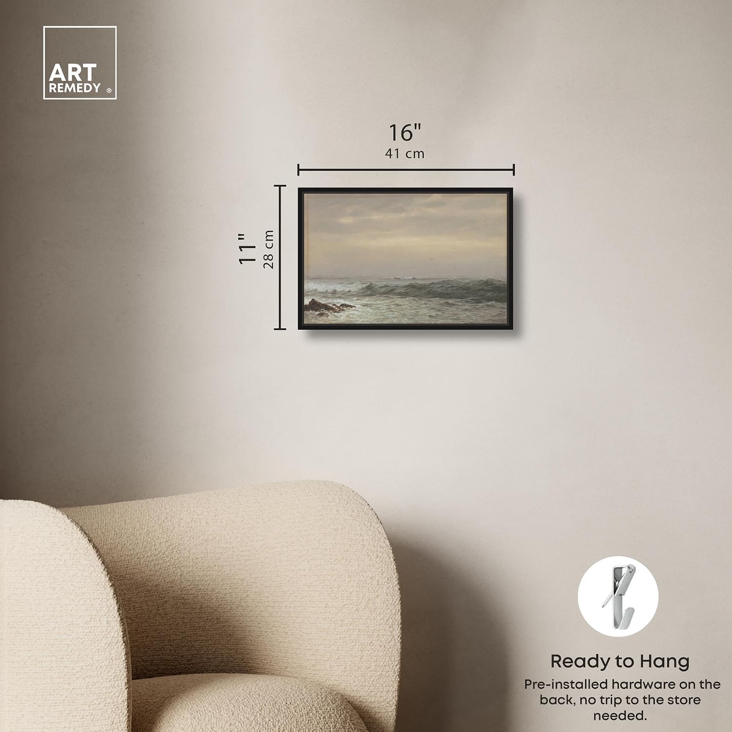 Art Remedy Rocks and Breaking Waves Canvas Coastal Classic Art, Black Frame, 15' x 10'