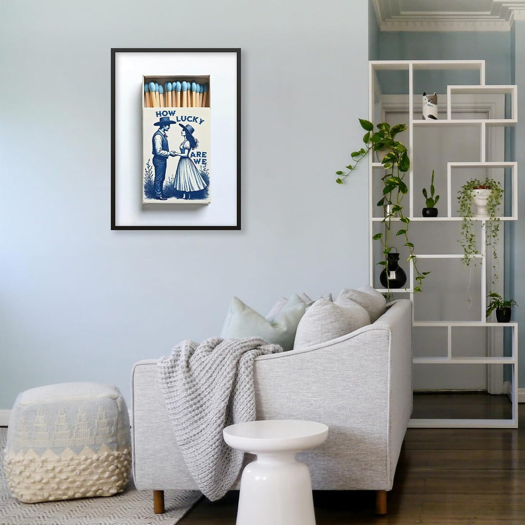 How Lucky Are We Wall Art Blue Matchbooks Poster 24x36 inch Black Framed Preppy Coastal Cowgirl Prints Romantic Valentines Day Decorations Living Room Bedroom Wall Decor
