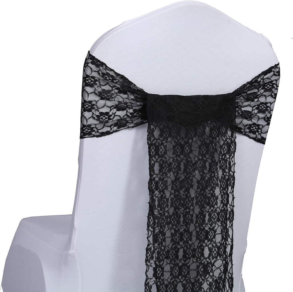 MDS® Pack of 200 Lace Chair Sashes for Weddings, Decorative Floral Lace Chair Bows Bands for Banquet, Reception, Anniversary, Bridal Shower, Birthday, Party, Ceremony & Event Décor - Black
