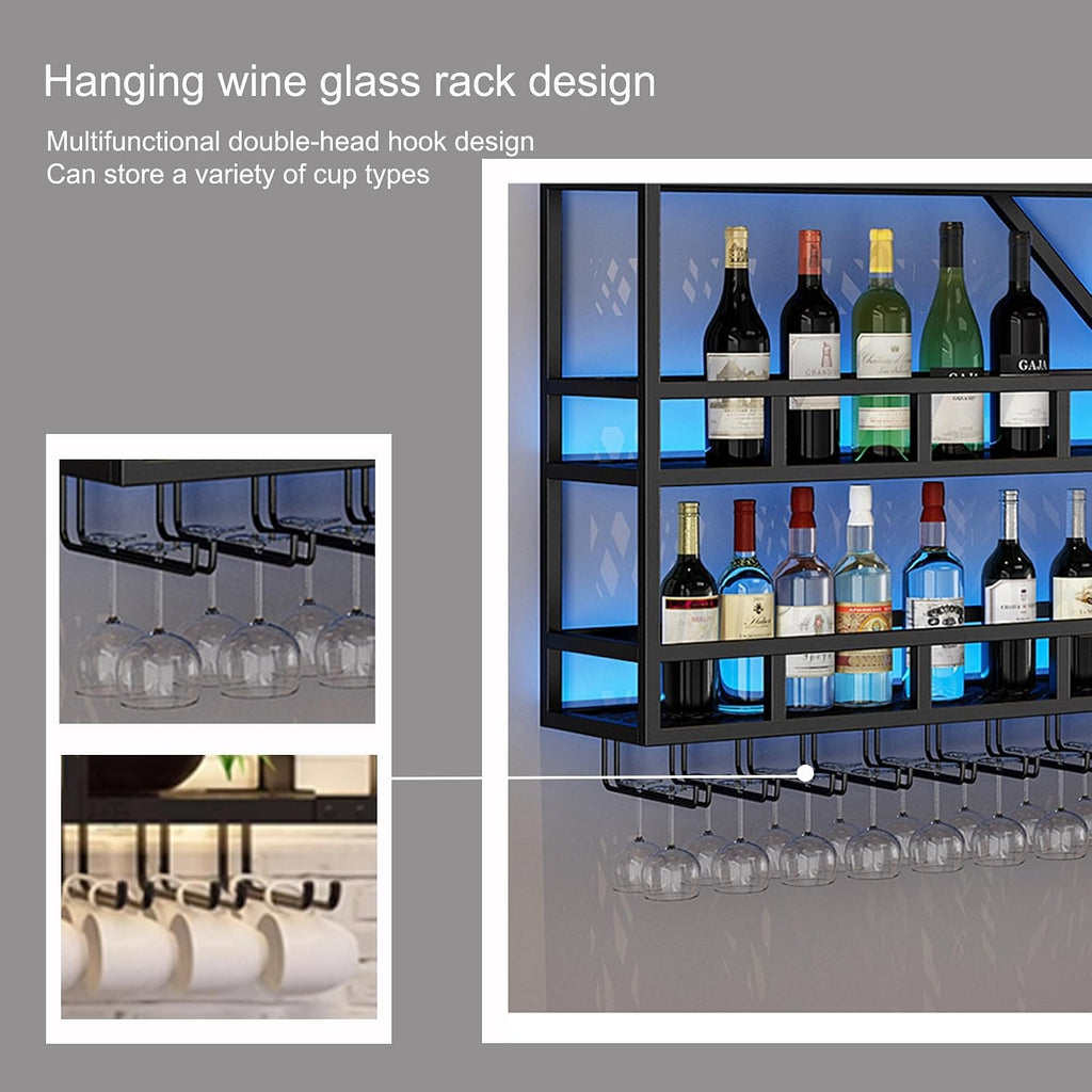 Wall Wine Rack Bar Shelves Liquor Shelf Wall Mounted with LED Light Diamond Shaped 3 Tier with Wine Glass Holder for Liquor Bottles for Home Bar Dining Room Kitchen(Black-Blue Light,180cm(71in))