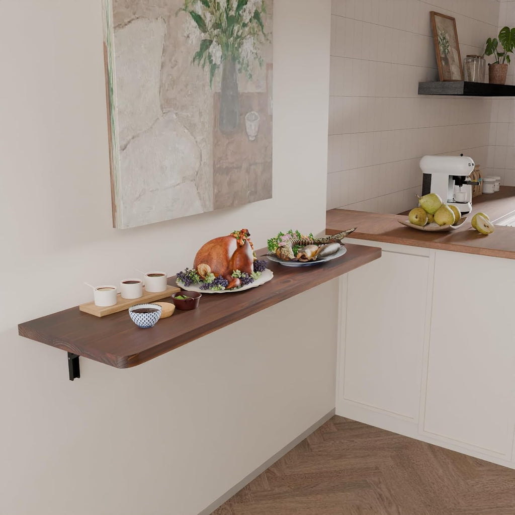 IAE Wall Mounted Folding Table with Pine Wood,55' x 16' Floating Wall Desk,Laundry Folding Table with Shelf Brackets,Fold Down Desk Shelf,Folding Workbench for Home,Dining,Laundry Room,Kitchen,Brown