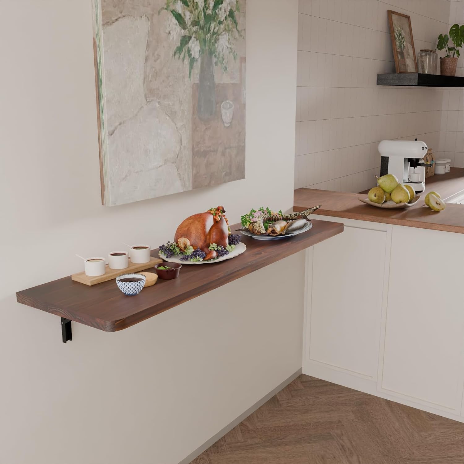 IAE Wall Mounted Folding Table with Pine Wood,55' x 16' Floating Wall Desk,Laundry Folding Table with Shelf Brackets,Fold Down Desk Shelf,Folding Workbench for Home,Dining,Laundry Room,Kitchen,Brown