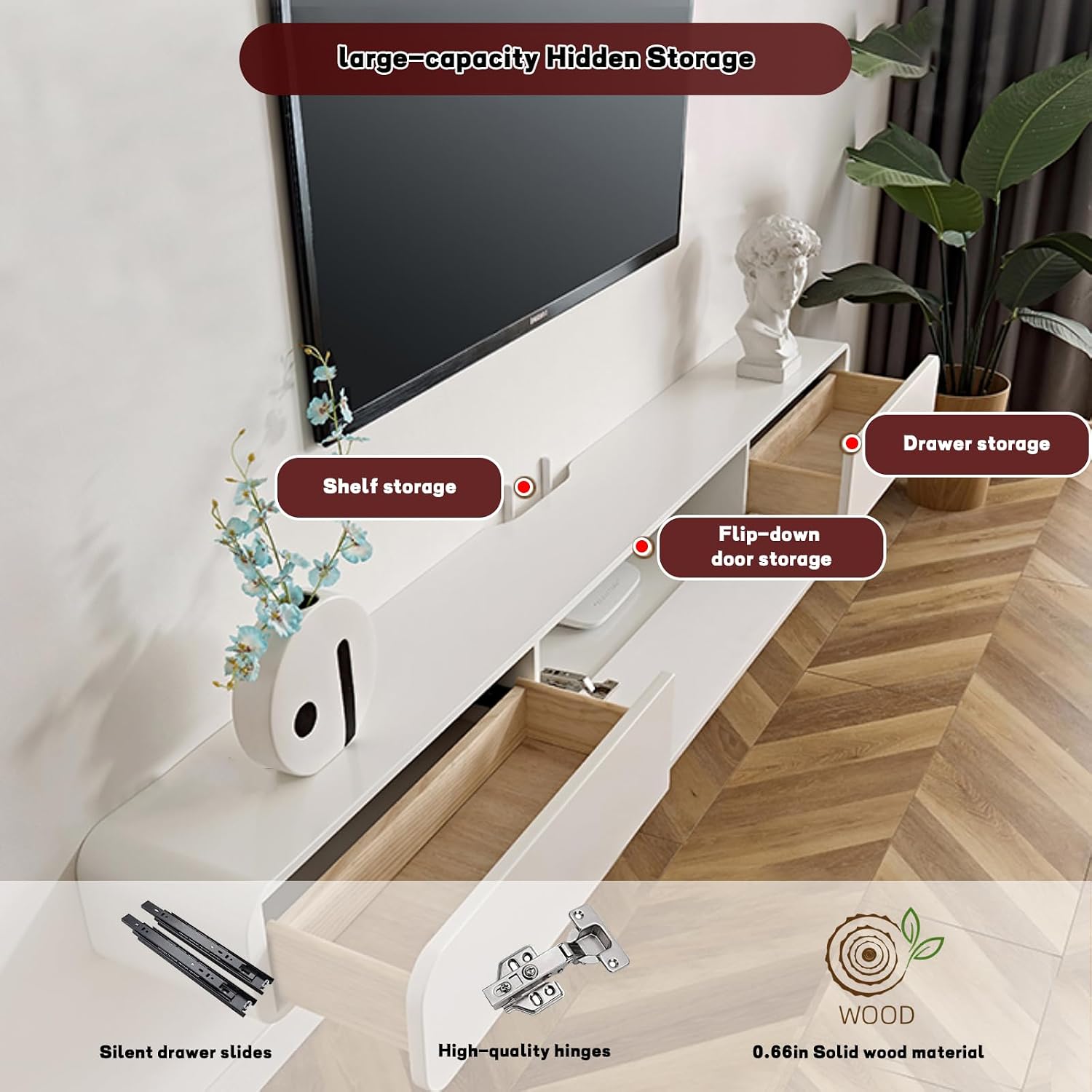 FPIGSHS Wall Mounted Media Console with 2 Drawers Solid Wood Floating TV Stand Hanging TV Shelf Entertainment Center TV Cabinet, for Home Office (B, 180cm/71in)