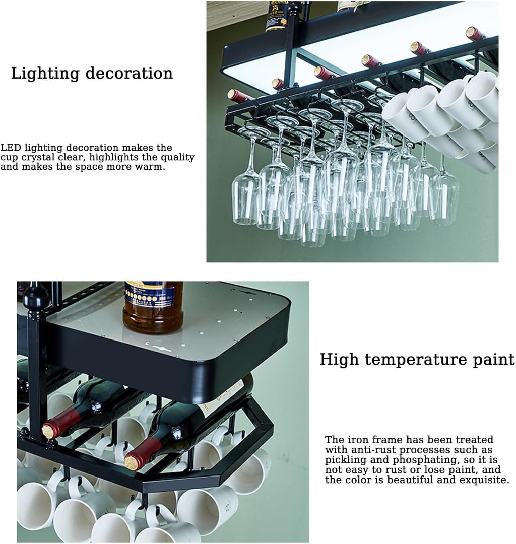 Wine Rack Wall Mounted with Glass Holder and LED Light - Liquor Cabinet Bottle Display Shelf for Home Bar Decoration