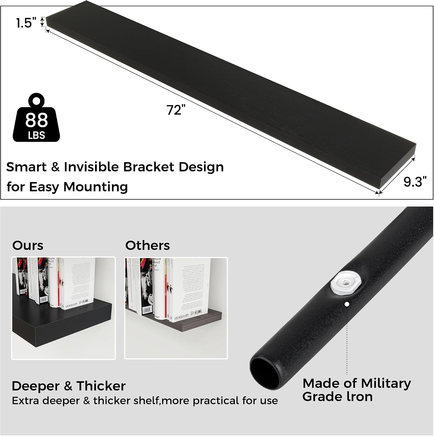 Venusmiles Floating Shelves for Wall, Engineered Wood Wall Shelves with Invisible Brackets for Living Room Bedroom Bathroom Office Kitchen Decor and Storage (Black, 72' W x 9' D x 1.5' H) Set of 1