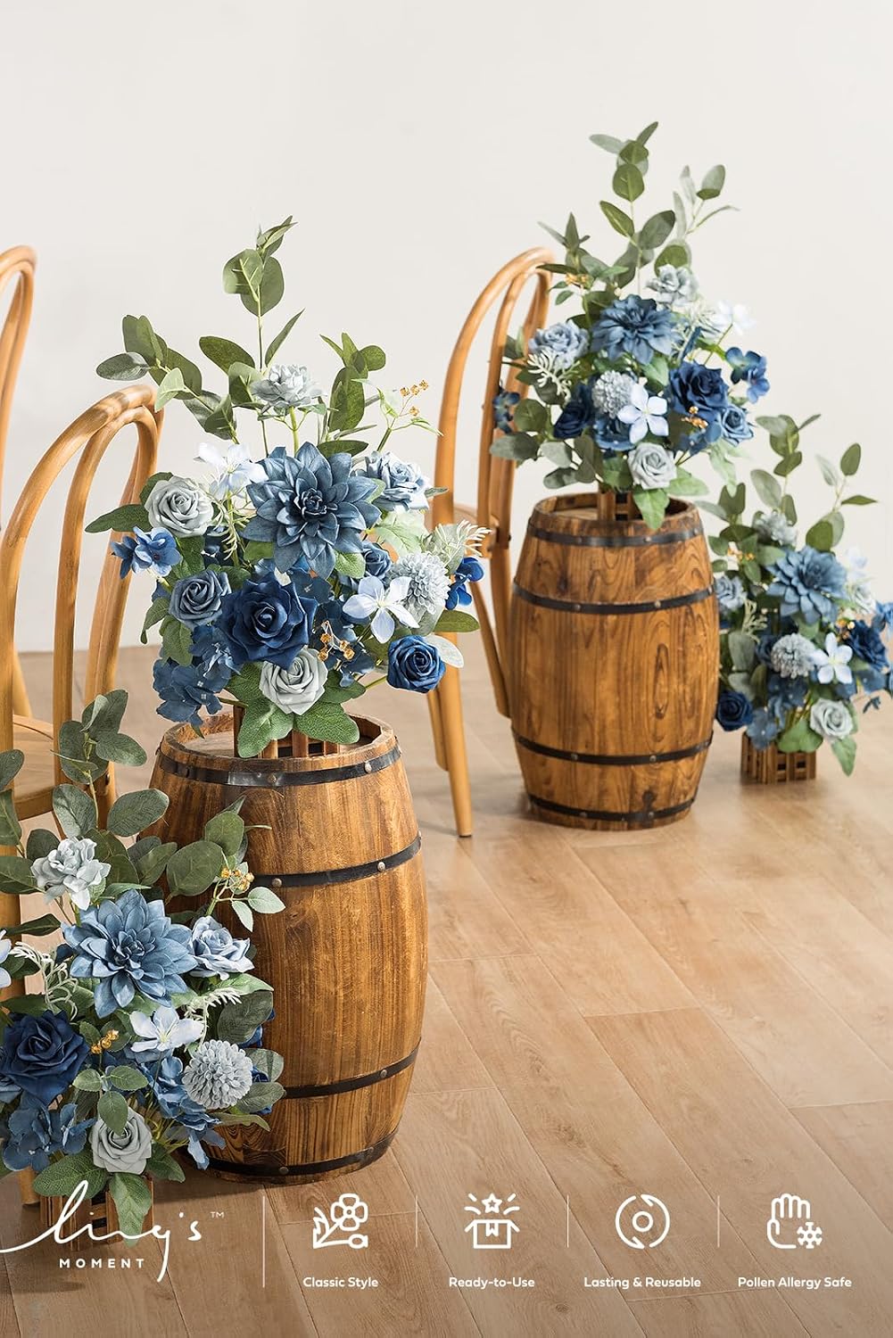 Ling's moment 17.5' Tall Standing Artificial Flowers Arrangements 4pcs Fall Wedding Aisle Runner Chair Decorations Dusty Blue & Navy Centerpieces for Ceremony Reception Rose Floral Party Outdoor