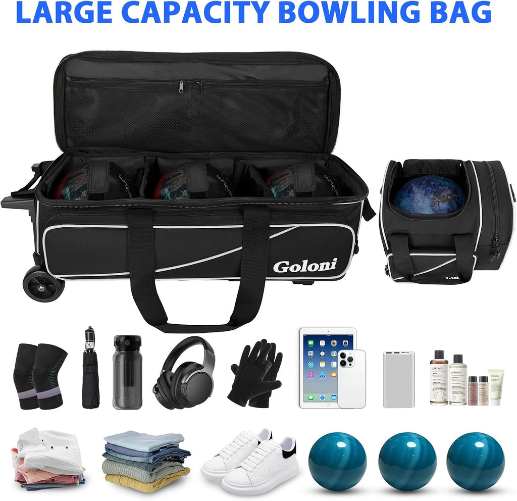 Goloni 3 Ball Bowling Bag with Wheels, Rolling Bowling Roller Bag with Retractable Handle for Balls & Bowling Accessories