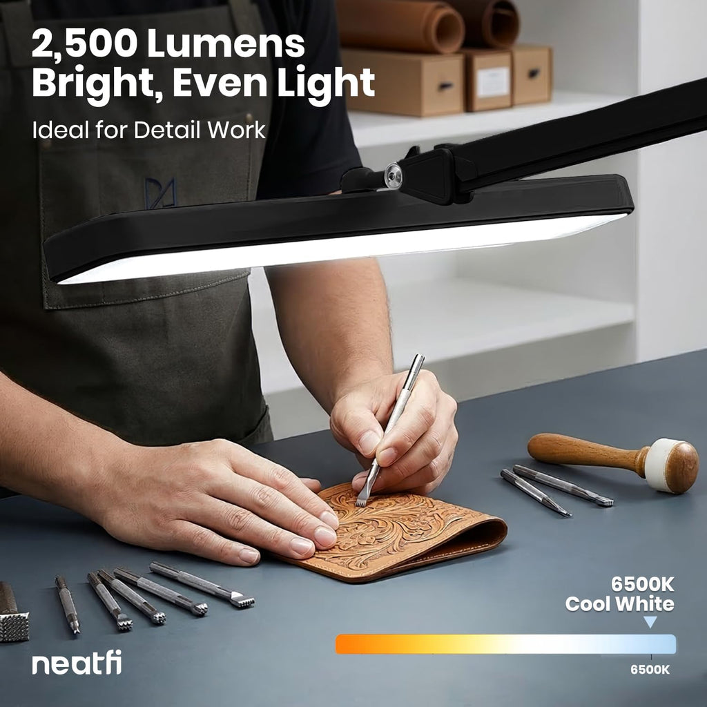 Neatfi XL 2,500 Lumens 30W LED Task Lamp for Manicure Table, Crafts, Workbench, Office – 22' Wide Shade Desk Light | Eye-Caring 6500K | 4-Level Brightness (Black, Non-CCT with Clamp)